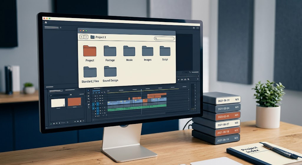 ALT: A photograph of a modern wooden desk with a computer monitor displaying a video editing timeline. An open file browser window shows an organized template folder structure with distinct folders labeled: Project, Footage, Music, Images, Script, Standard_Files, and Sound Design. A stack of hard drives and a notebook labeled 'Project Index' sit nearby. video editing tips
