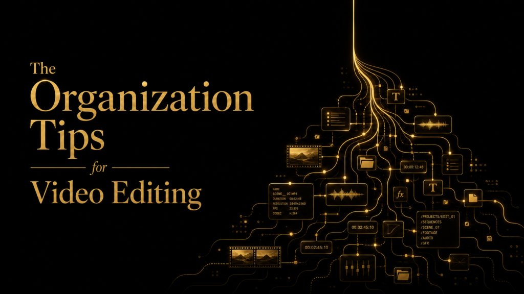 Elegant black-and-gold editorial cover with the title “The Organization Tips for Video Editing” on the left and flowing metallic gold lines on the right, suggesting connected media files and organized post-production routes.