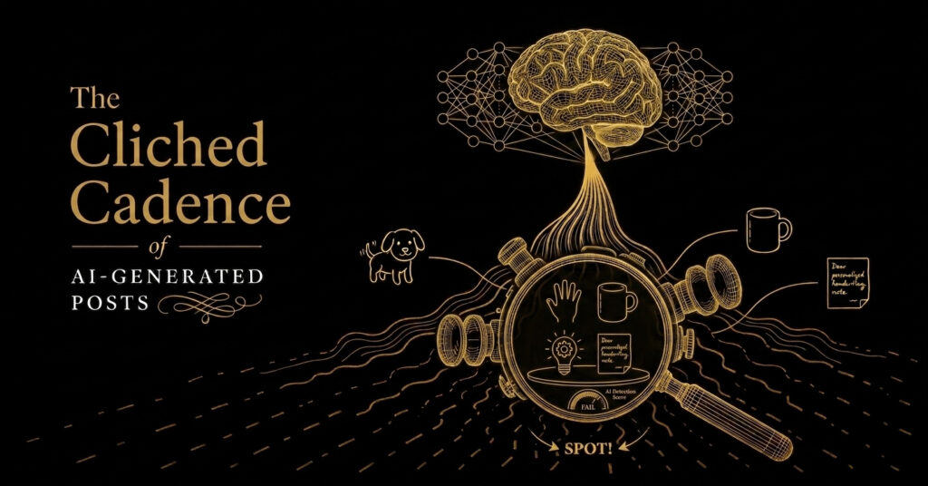 A black graphic illustration titled “The Cliched Cadence of AI-GENERATED POSTS.” An illustration of a brain connected to a complex pattern of nodes and lines sits in the upper right. Lines descend to a circular display that features five icons: a dog, a coffee cup, a hand, a brain with a lightbulb, and a paper that reads, “Done. personalized handwritten note.” Underneath, text reads: “AI Detection Score: FAIL SPOT!” This display has three small dials on top and two larger knobs on the sides.