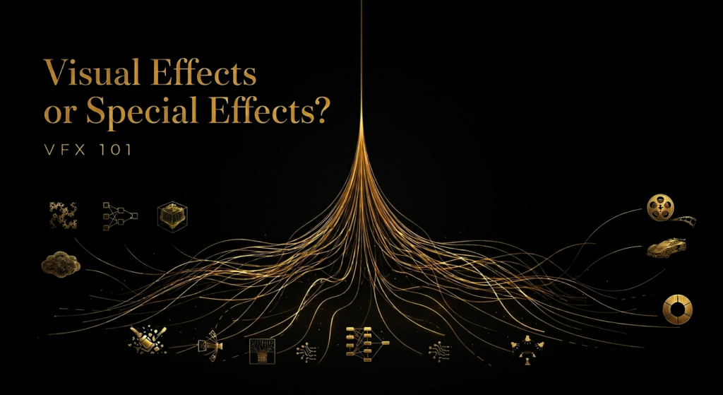 Visual effects pipeline shown as glowing gold branches on black, from compositing and keying to rigging, simulation, and lighting